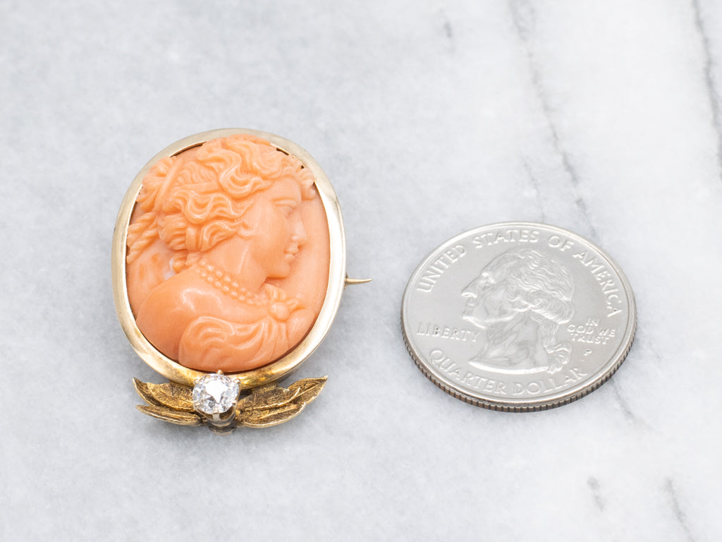 Stunning Antique Carved Coral and Old Mine Cut Diamond Cameo Brooch