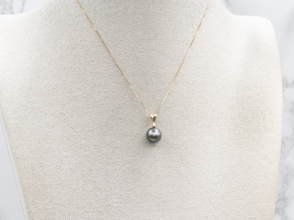 Grey Pearl and Gold Pendant with Diamond Accent