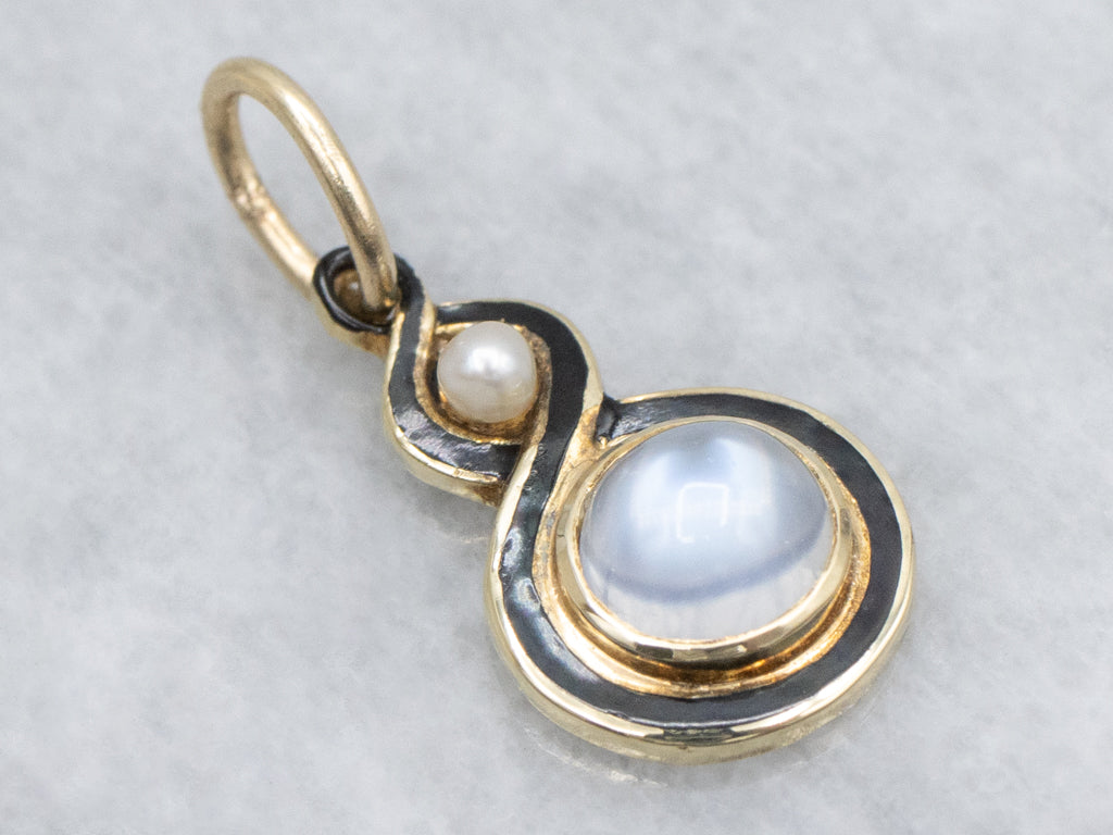 Antique Moonstone and Pearl Twisting Black Enamel Pendant