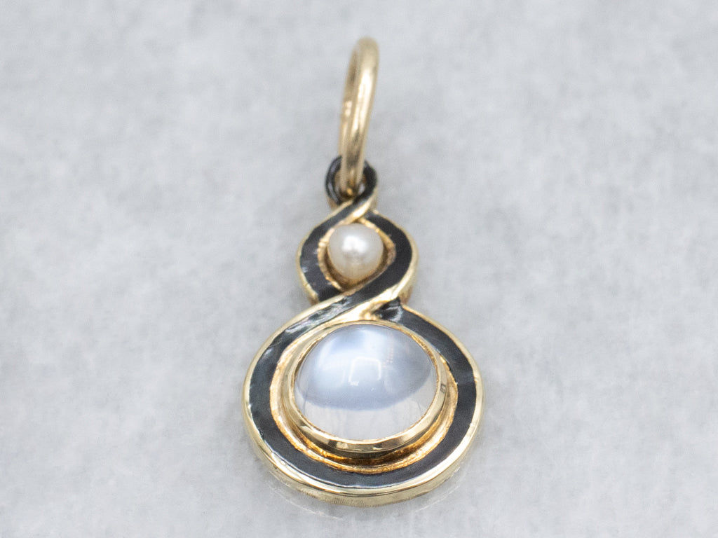 Antique Moonstone and Pearl Twisting Black Enamel Pendant