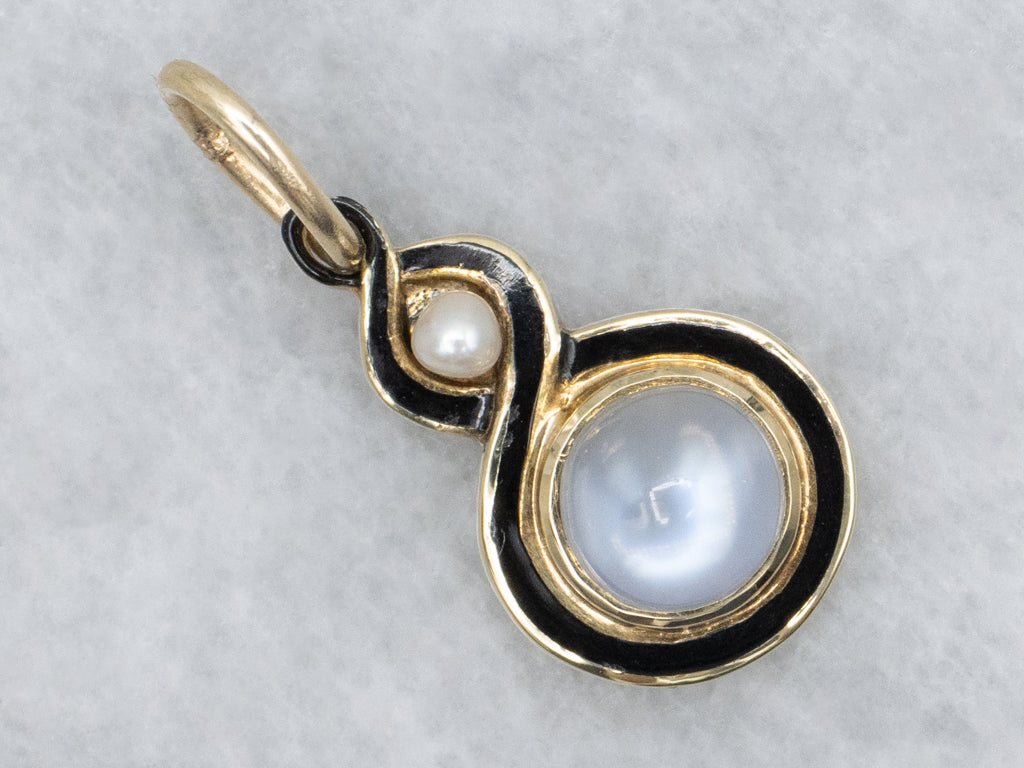 Antique Moonstone and Pearl Twisting Black Enamel Pendant