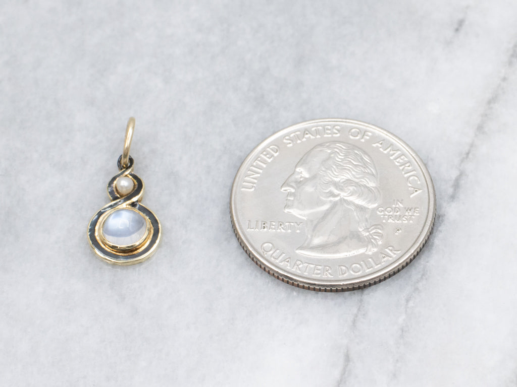 Antique Moonstone and Pearl Twisting Black Enamel Pendant