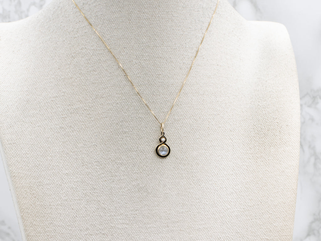 Antique Moonstone and Pearl Twisting Black Enamel Pendant
