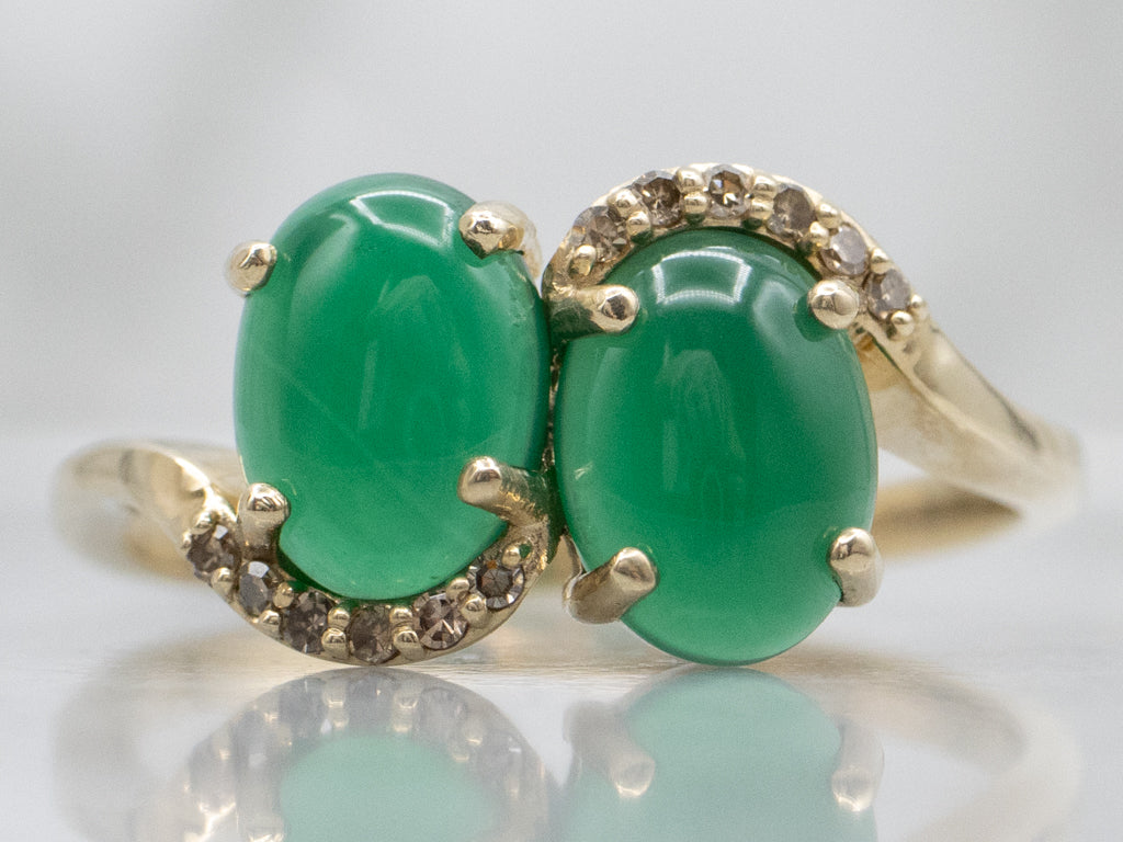 Double Green Onyx and Champagne Diamond Gold Bypass Ring