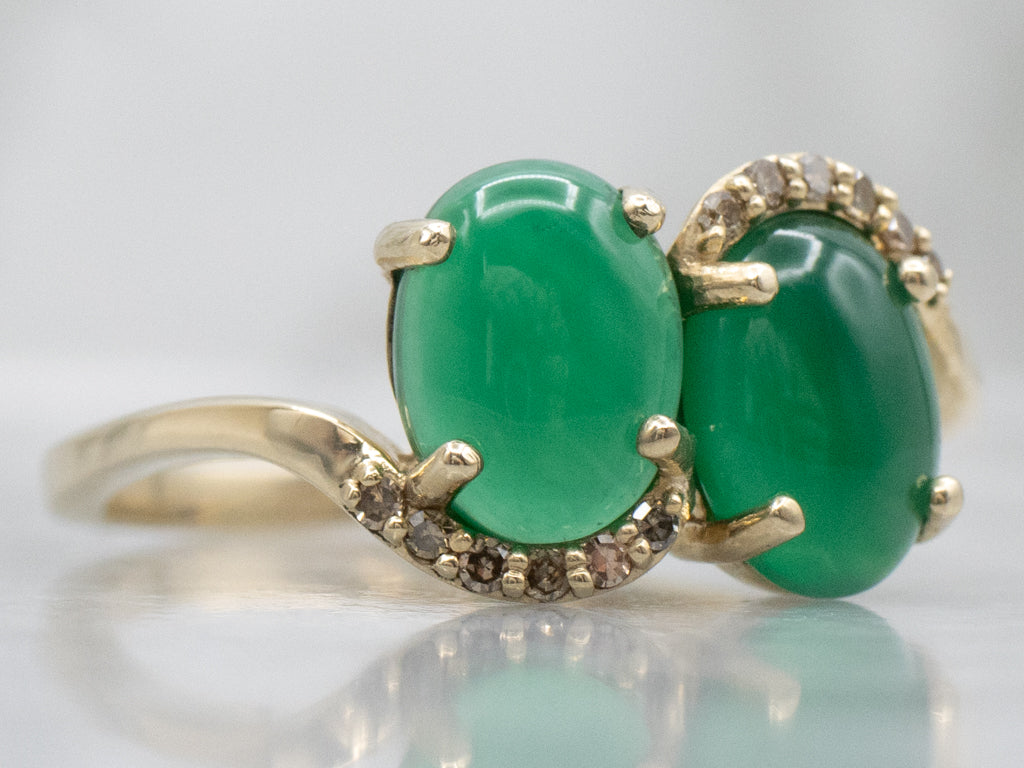 Double Green Onyx and Champagne Diamond Gold Bypass Ring