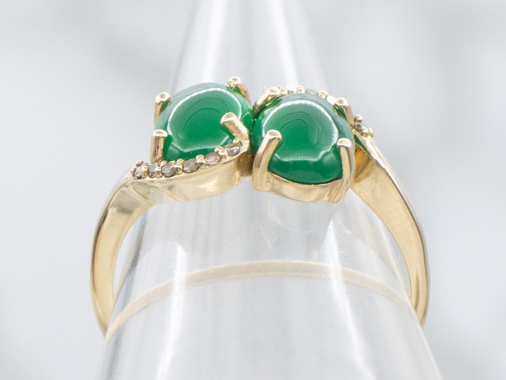 Double Green Onyx and Champagne Diamond Gold Bypass Ring
