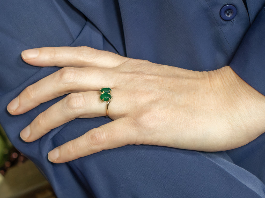 Double Green Onyx and Champagne Diamond Gold Bypass Ring