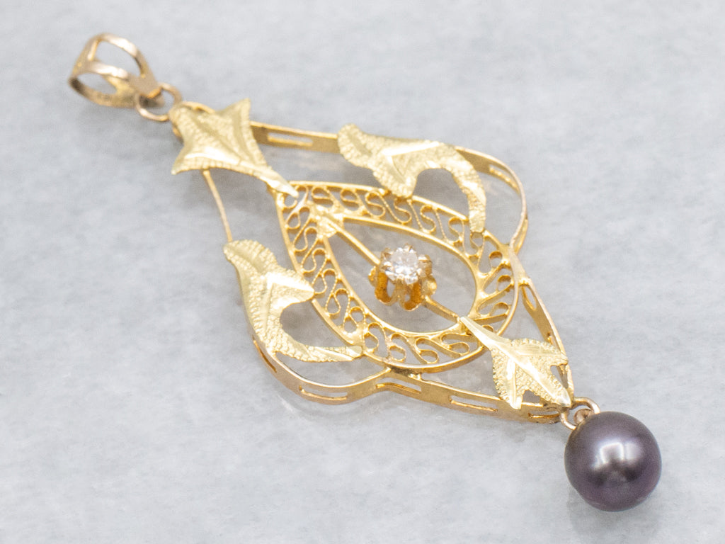 Buttercup Set Diamond and Gold Lavalier Pendant with Swinging Black Pearl