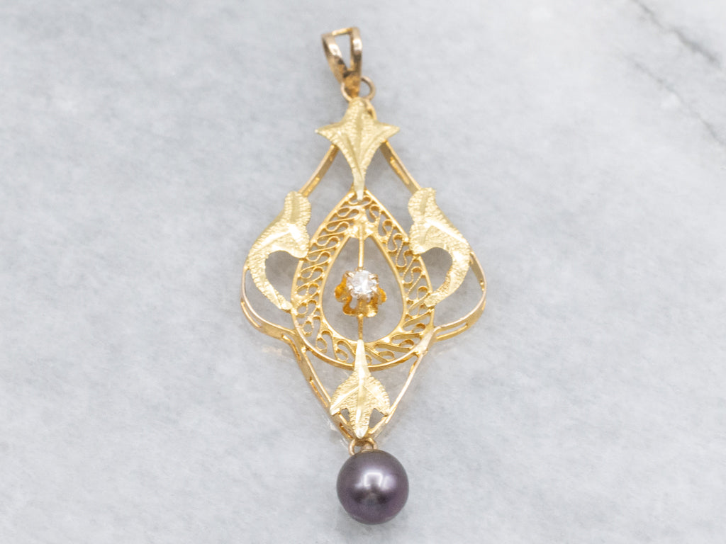 Buttercup Set Diamond and Gold Lavalier Pendant with Swinging Black Pearl
