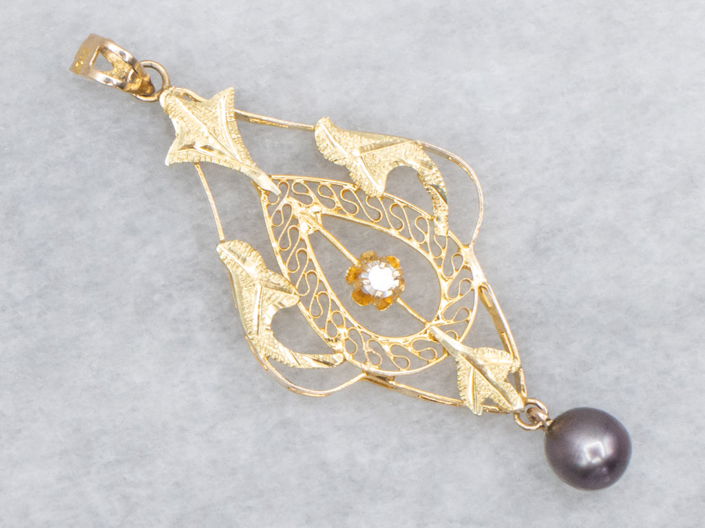 Buttercup Set Diamond and Gold Lavalier Pendant with Swinging Black Pearl