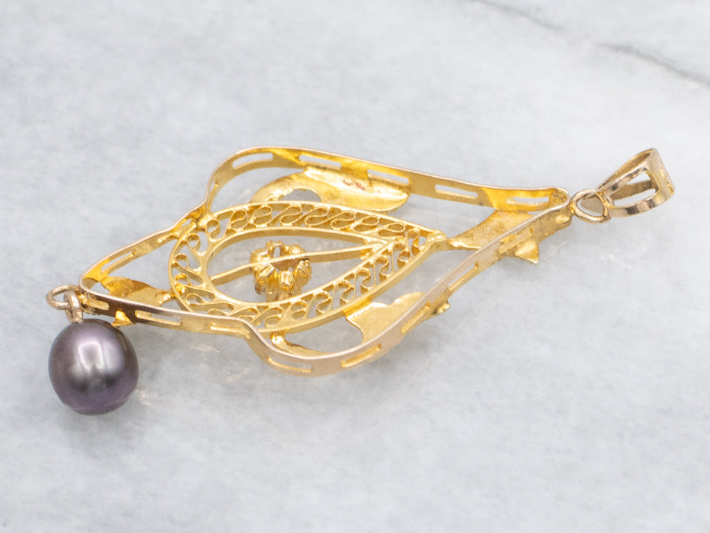 Buttercup Set Diamond and Gold Lavalier Pendant with Swinging Black Pearl