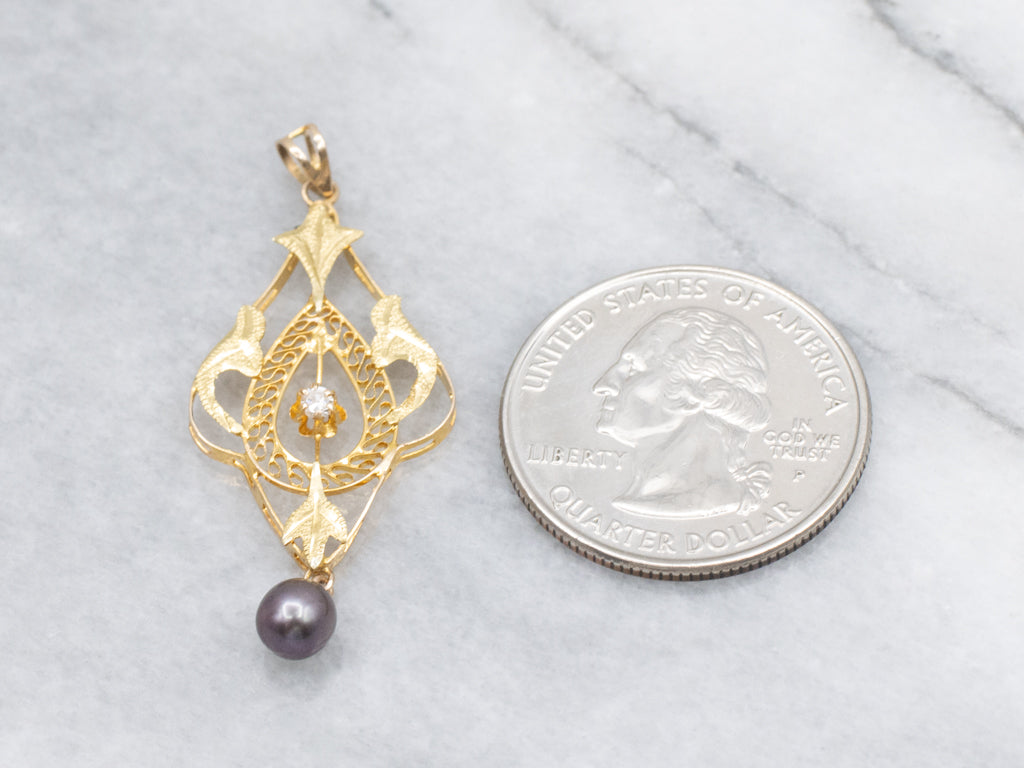 Buttercup Set Diamond and Gold Lavalier Pendant with Swinging Black Pearl