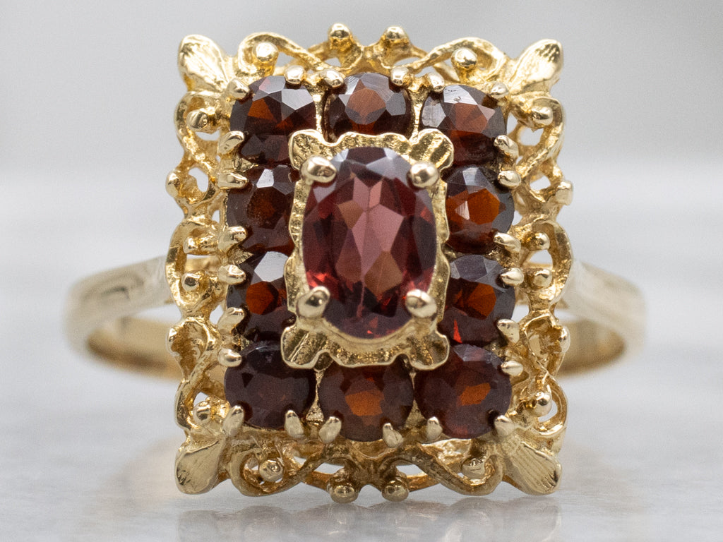Vintage 18-Karat Gold and Garnet Halo Filigree Ring