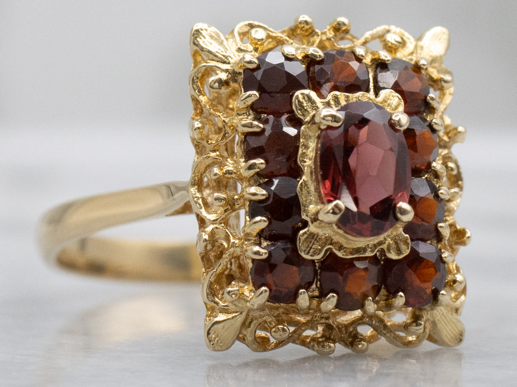 Vintage 18-Karat Gold and Garnet Halo Filigree Ring