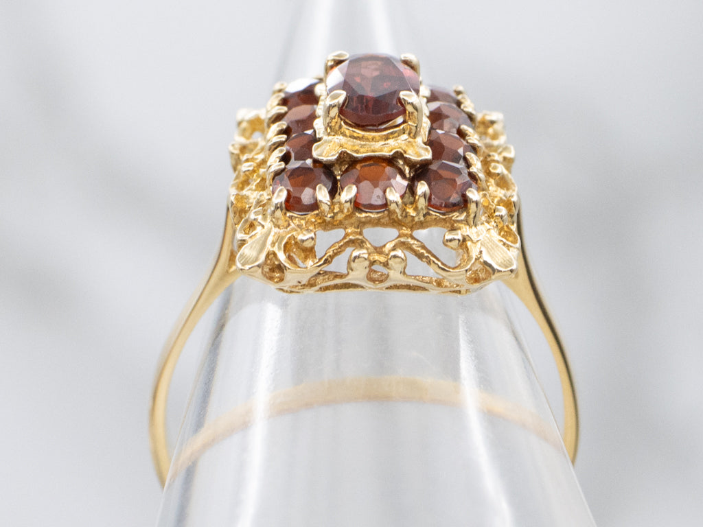Vintage 18-Karat Gold and Garnet Halo Filigree Ring