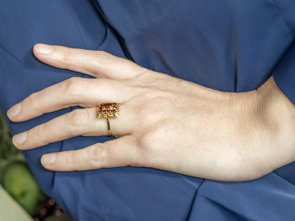 Vintage 18-Karat Gold and Garnet Halo Filigree Ring