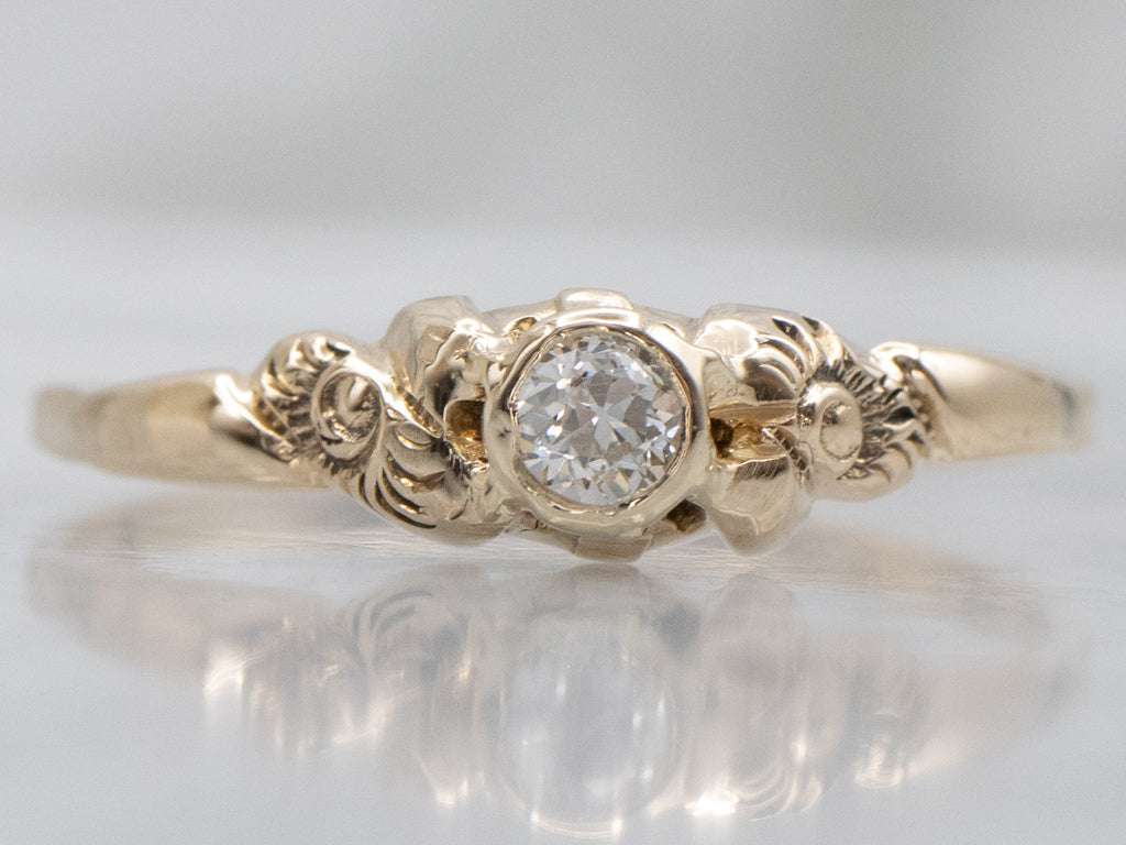 Antique Old Mine Cut Diamond Engagement Ring with Engraved Details