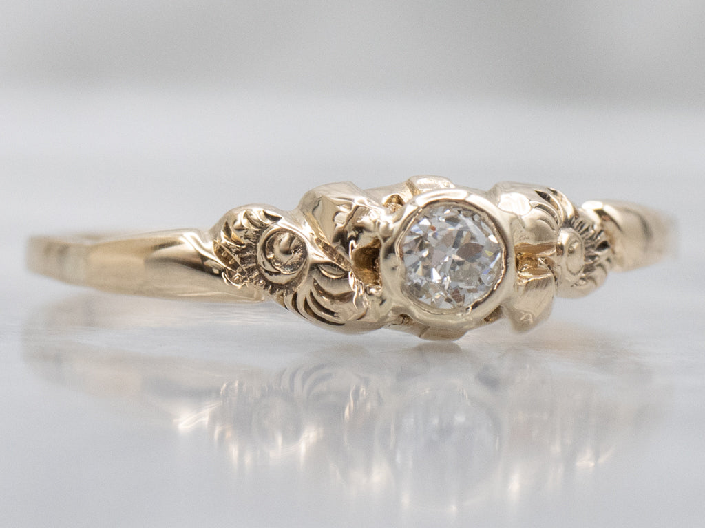 Antique Old Mine Cut Diamond Engagement Ring with Engraved Details