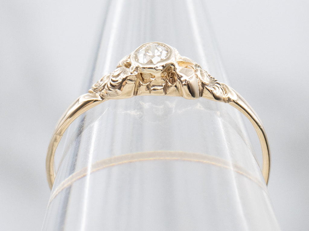 Antique Old Mine Cut Diamond Engagement Ring with Engraved Details