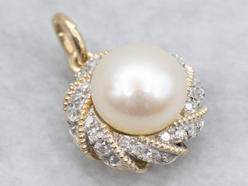 Gold Pearl and Diamond Halo Pendant