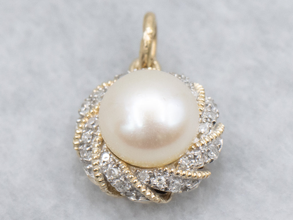 Gold Pearl and Diamond Halo Pendant