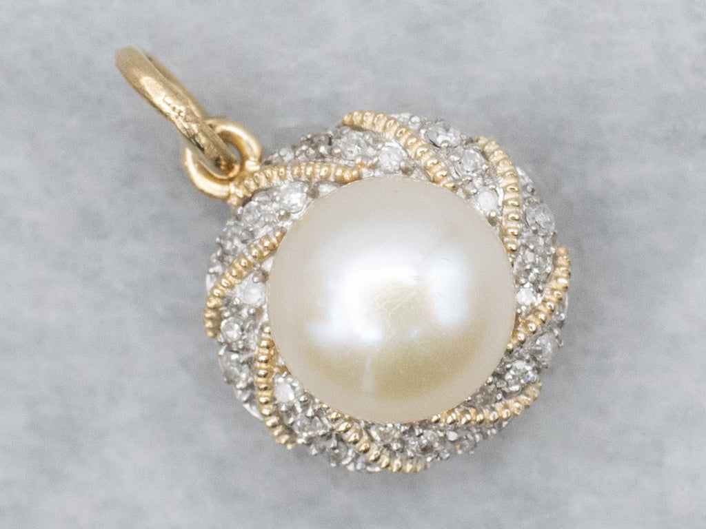 Gold Pearl and Diamond Halo Pendant