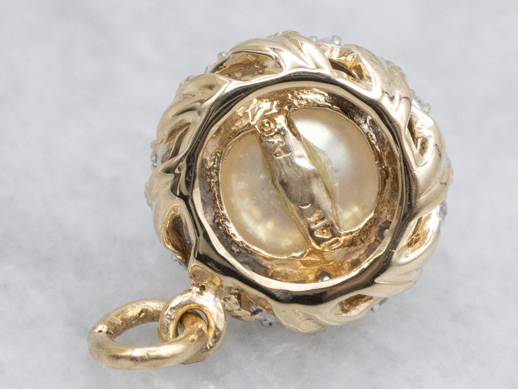 Gold Pearl and Diamond Halo Pendant