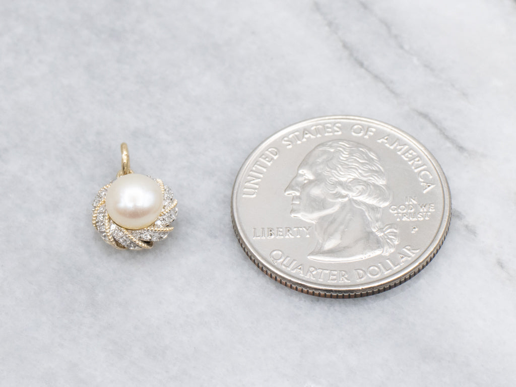 Gold Pearl and Diamond Halo Pendant
