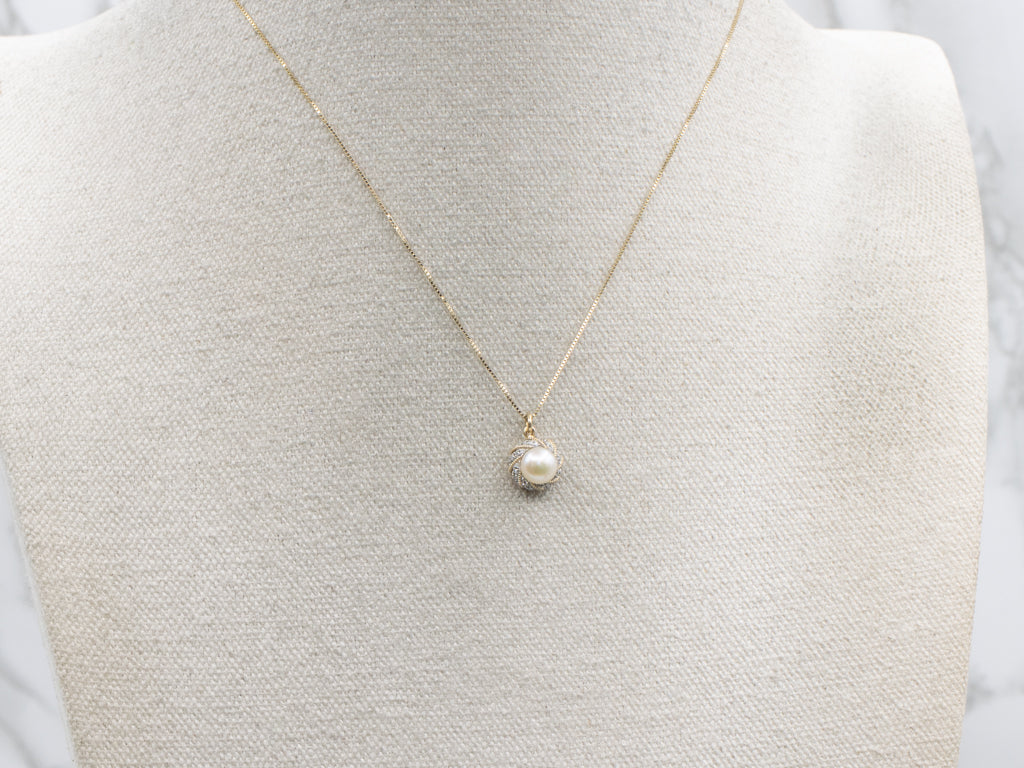 Gold Pearl and Diamond Halo Pendant