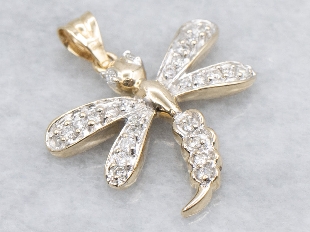 Two-Tone Gold Diamond Dragonfly Pendant