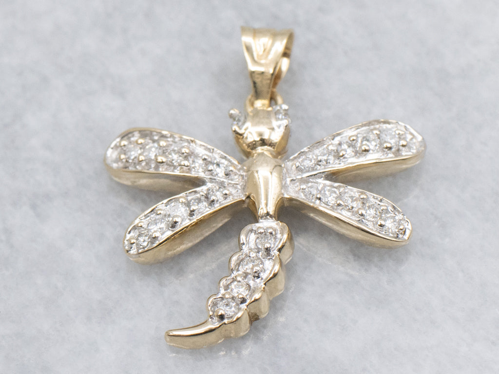 Two-Tone Gold Diamond Dragonfly Pendant