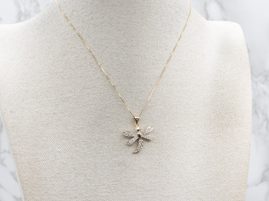 Two-Tone Gold Diamond Dragonfly Pendant