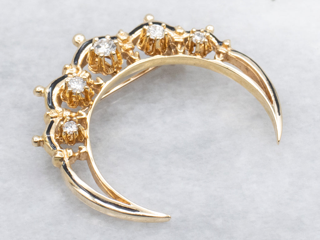 Antique Buttercup-Set Diamond and Black Enamel Crescent Moon Gold Pin and Pendant