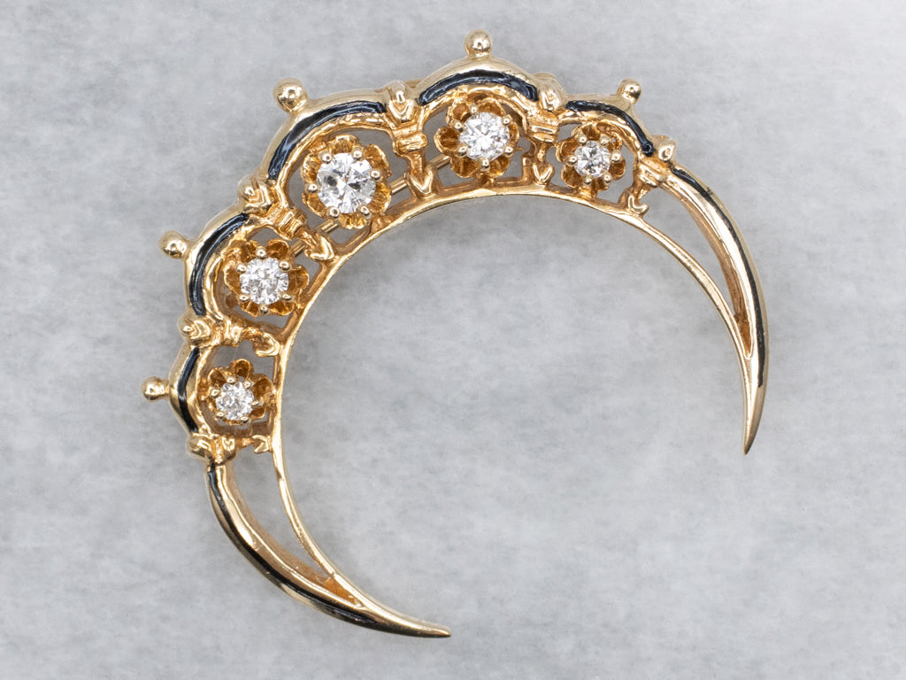Antique Buttercup-Set Diamond and Black Enamel Crescent Moon Gold Pin and Pendant