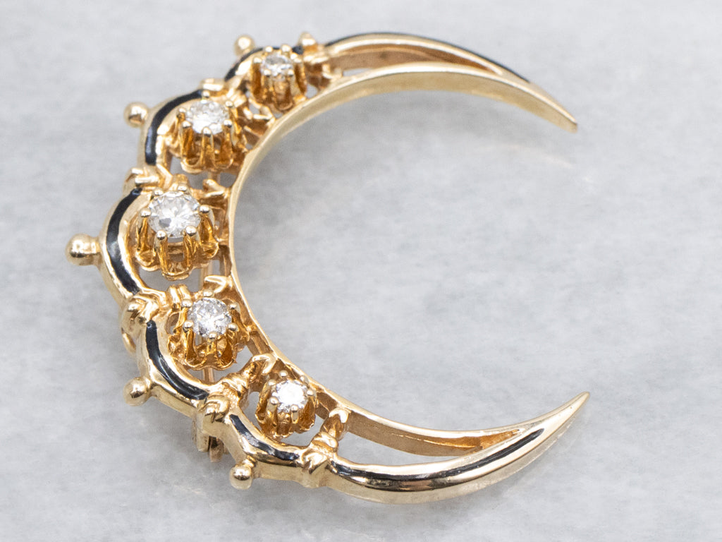 Antique Buttercup-Set Diamond and Black Enamel Crescent Moon Gold Pin and Pendant