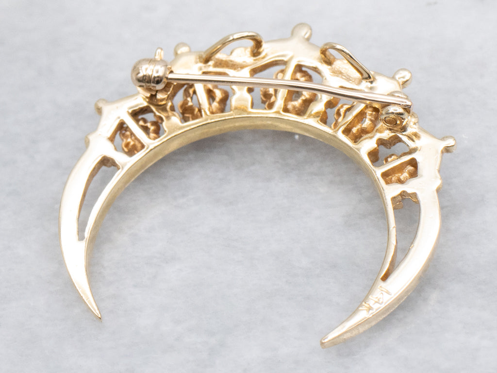 Antique Buttercup-Set Diamond and Black Enamel Crescent Moon Gold Pin and Pendant