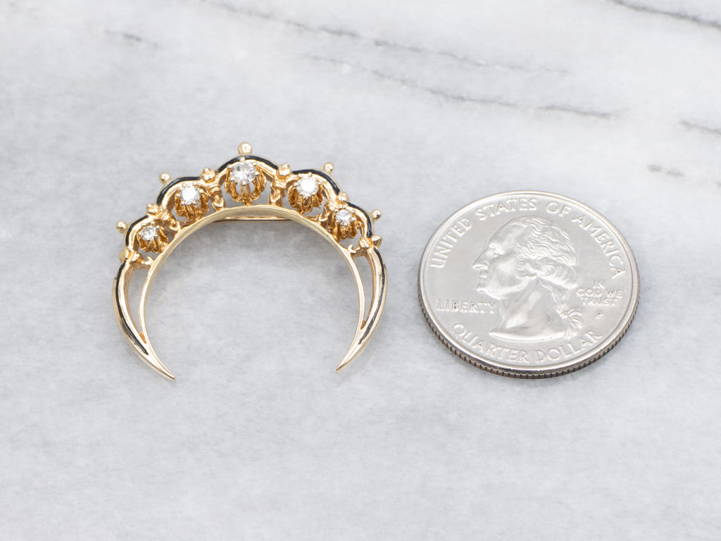 Antique Buttercup-Set Diamond and Black Enamel Crescent Moon Gold Pin and Pendant