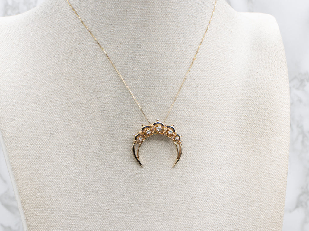 Antique Buttercup-Set Diamond and Black Enamel Crescent Moon Gold Pin and Pendant