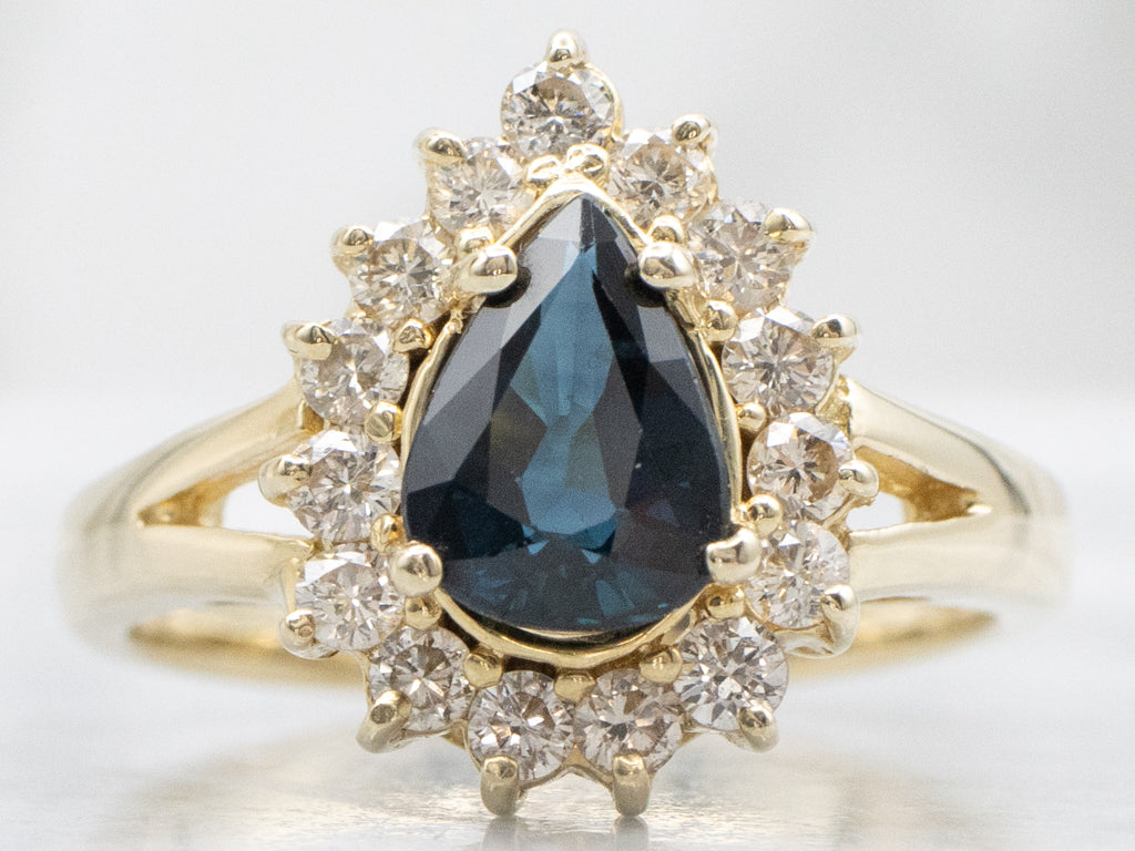 Pear-Cut Sapphire and Diamond Halo Gold Ring