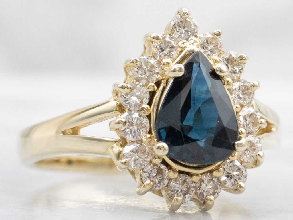 Pear-Cut Sapphire and Diamond Halo Gold Ring