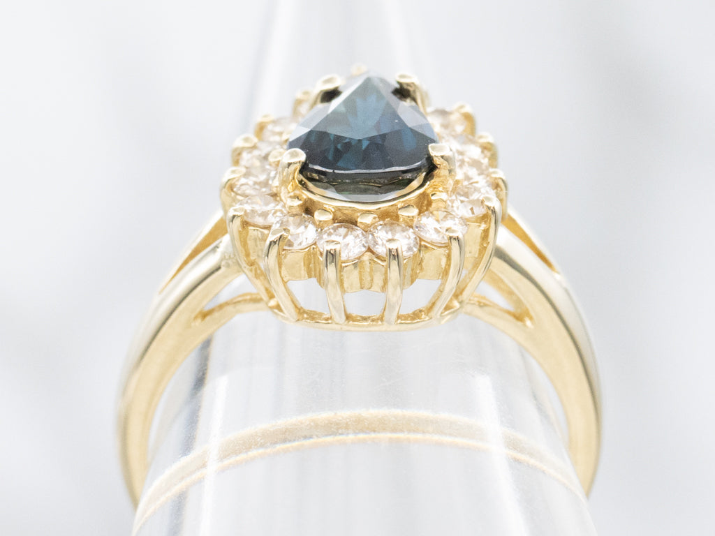 Pear-Cut Sapphire and Diamond Halo Gold Ring