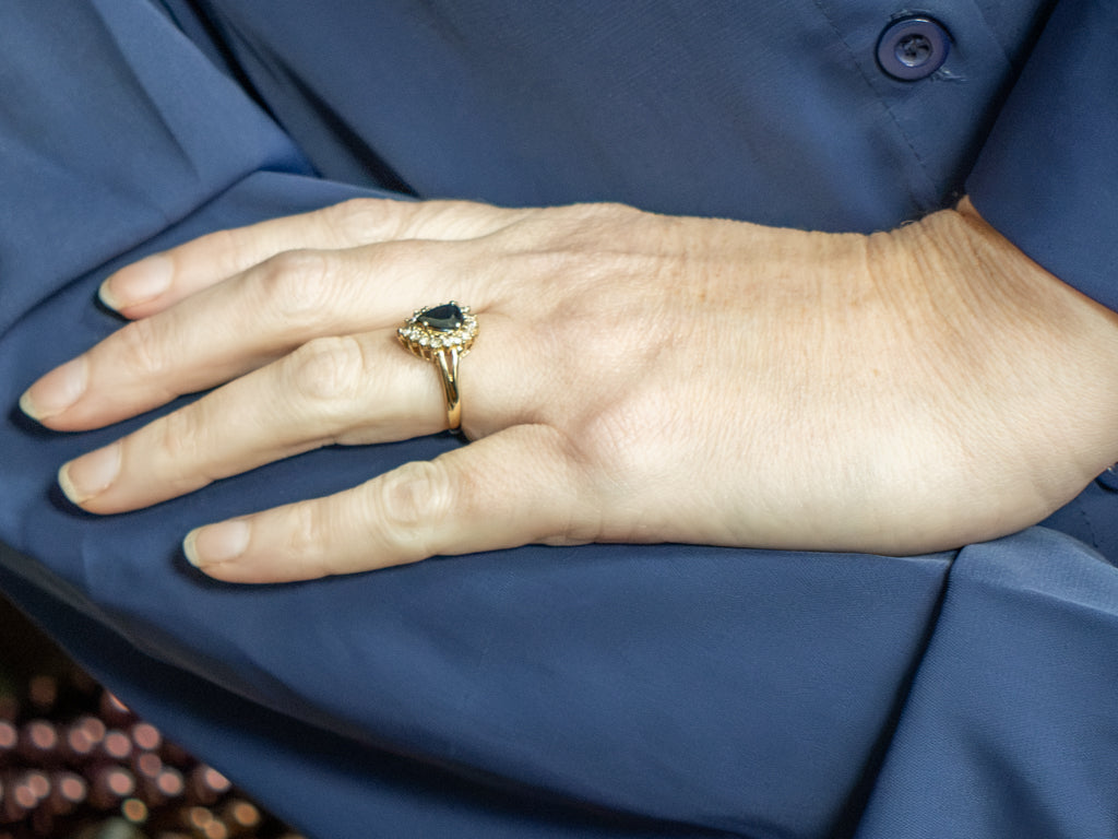 Pear-Cut Sapphire and Diamond Halo Gold Ring