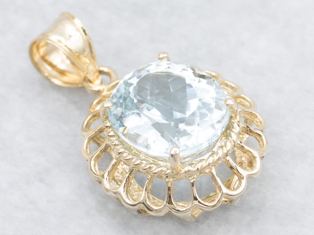 Scalloped Gold Aquamarine Solitaire Pendant