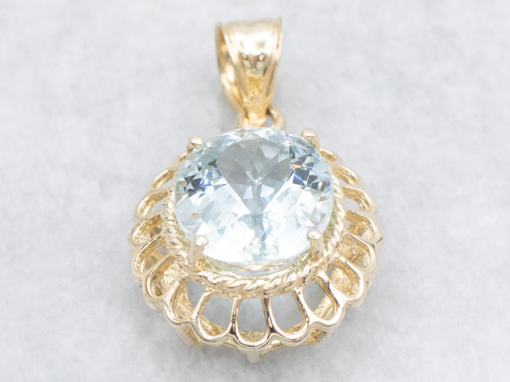 Scalloped Gold Aquamarine Solitaire Pendant