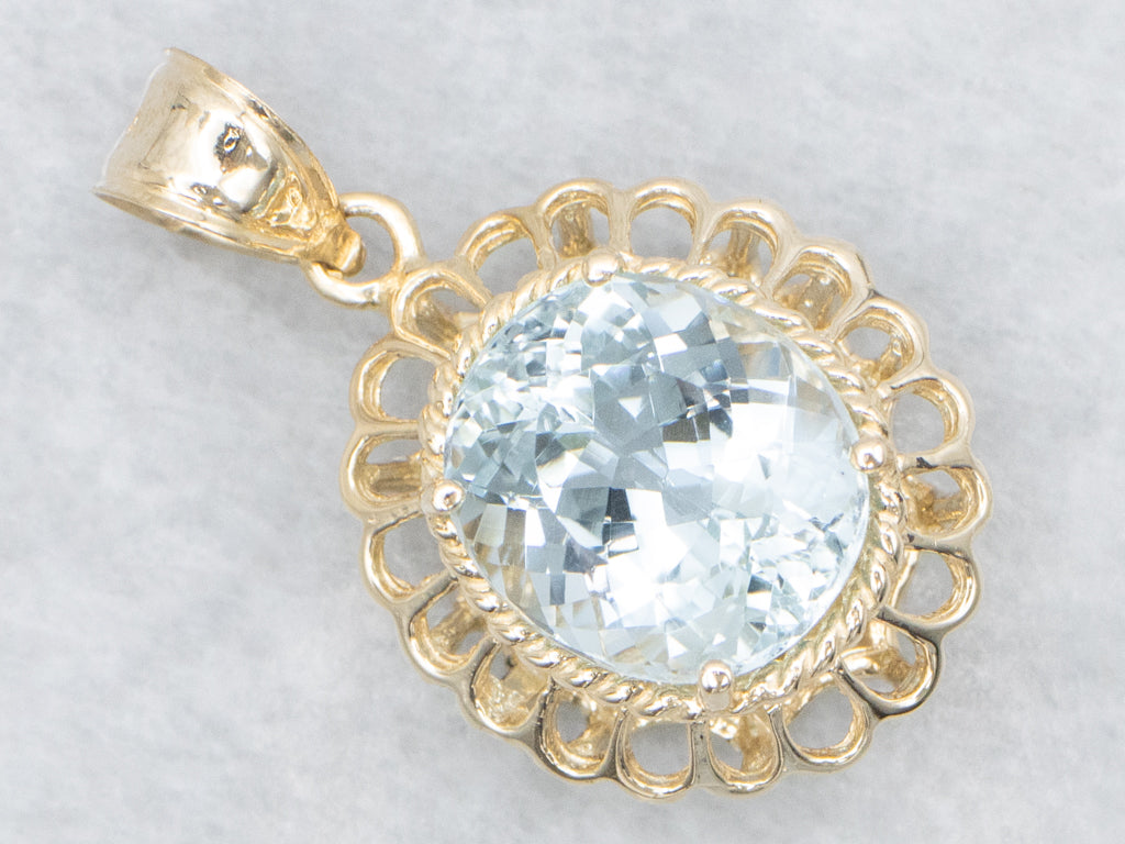 Scalloped Gold Aquamarine Solitaire Pendant