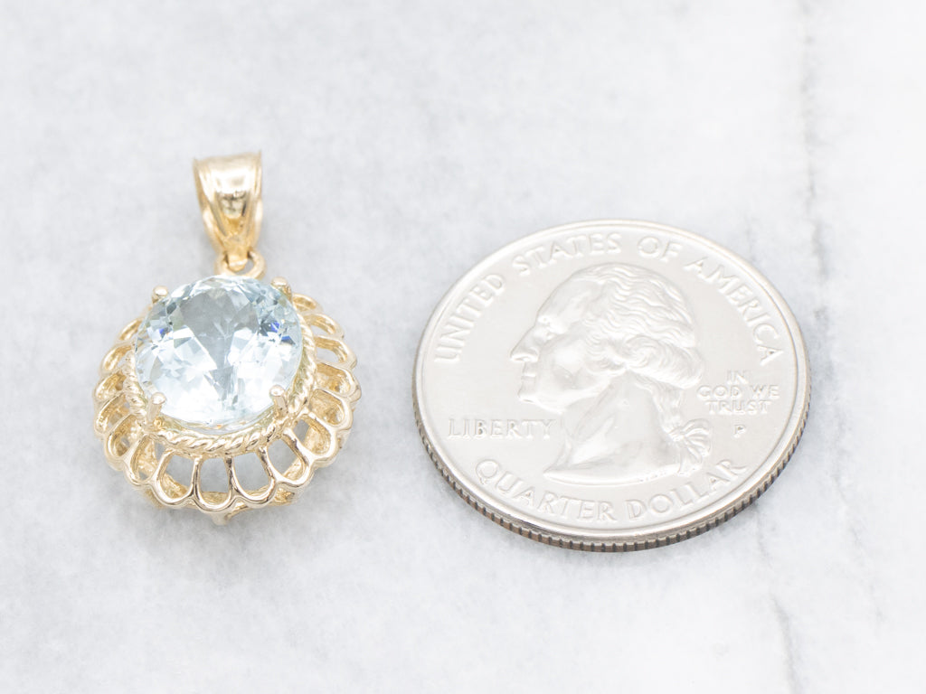 Scalloped Gold Aquamarine Solitaire Pendant