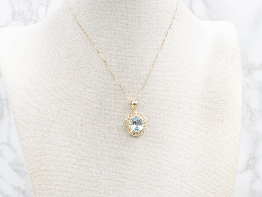 Scalloped Gold Aquamarine Solitaire Pendant