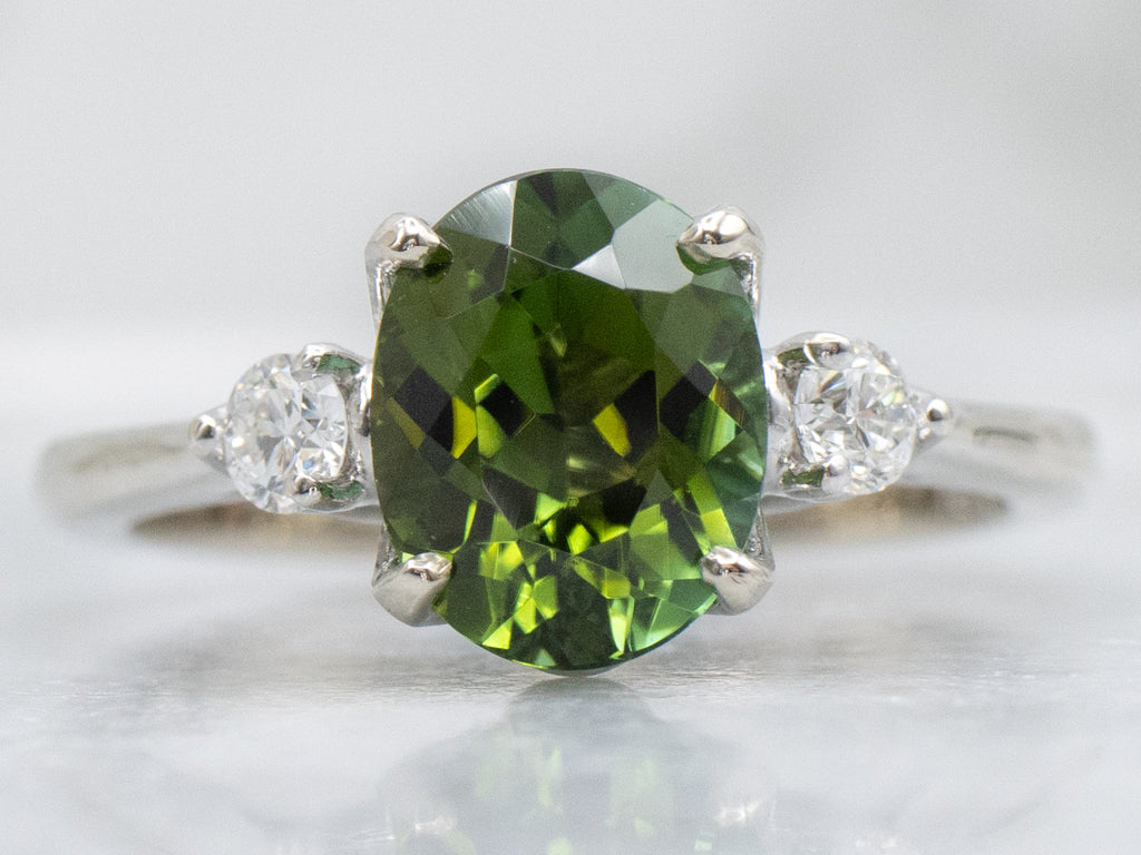 White Gold Green Tourmaline and Diamond Ring