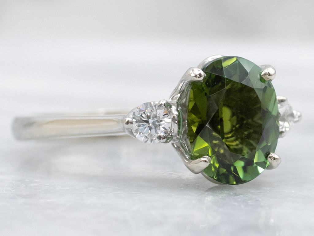 White Gold Green Tourmaline and Diamond Ring