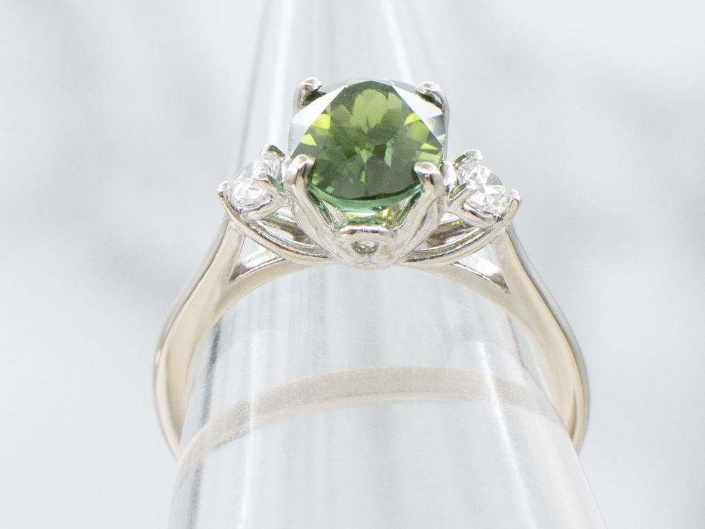 White Gold Green Tourmaline and Diamond Ring